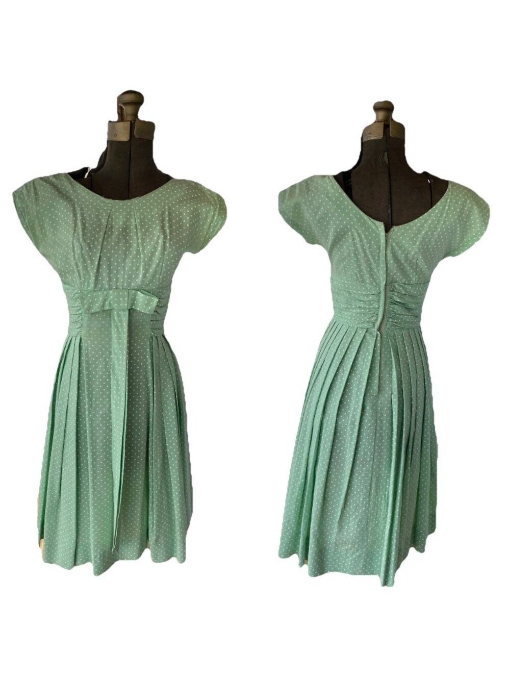 Vintage Green Polkadot Day Dress 1950s 50s Rockabilly A-Line Bow Fit And Flare